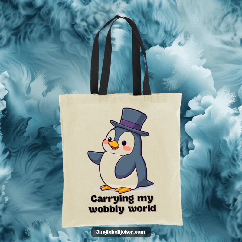 Funny tote bag designed with a clumsy penguin hilariously trying to balance a tall hat, great for daily use.