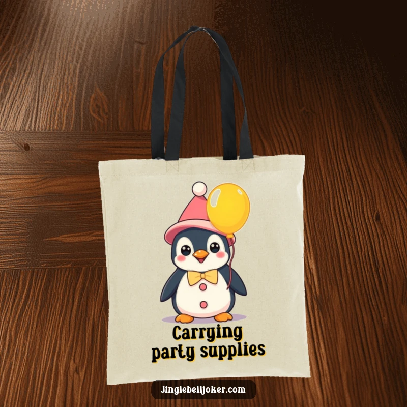 Funny kawaii penguin clown holding a balloon, a vibrant tote bag for carrying items with whimsical humor and style.