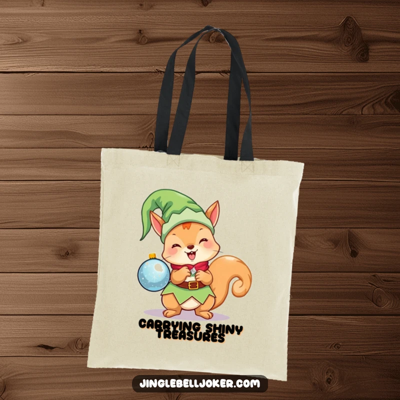 Funny Kawaii Elf Squirrel Tote Bag: A cute Christmas character as an elf, excitedly holding a sparkling ornament, ideal for shopping.