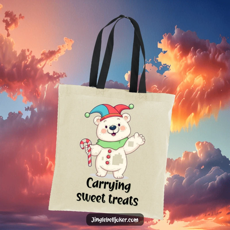 Funny tote bag displaying a happy polar bear in a jester costume, striking a funny pose with a candy cane, a whimsical accessory.