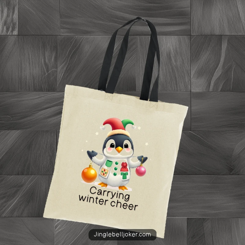 Funny tote bag displaying a fluffy penguin in a jester hat, juggling colorful Christmas baubles, a festive and practical accessory.