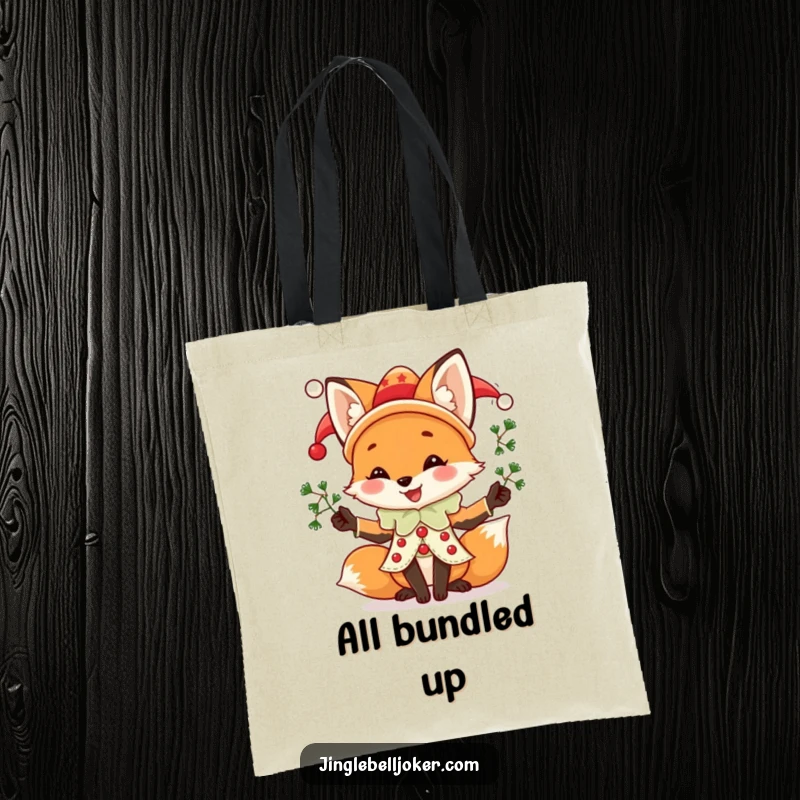 Funny Fox Jester Tote Bag, featuring a joyful fox in jester attire juggling sprigs of mistletoe, for humorous holiday errands.