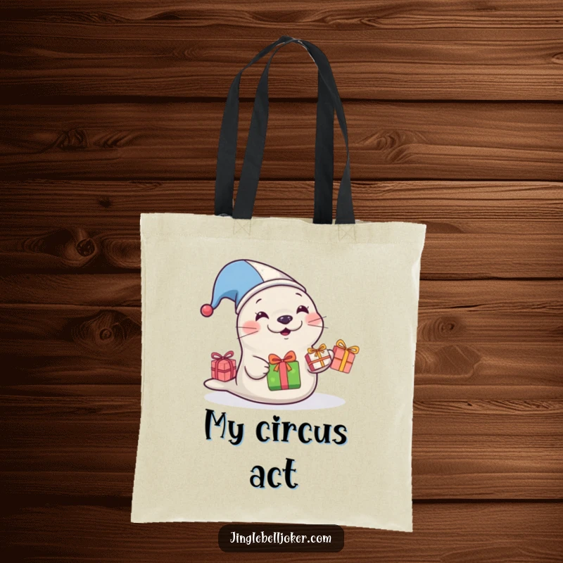 Funny Jester Seal Tote Bag, a seal in a jester hat juggling presents, a funny gift for shoppers.