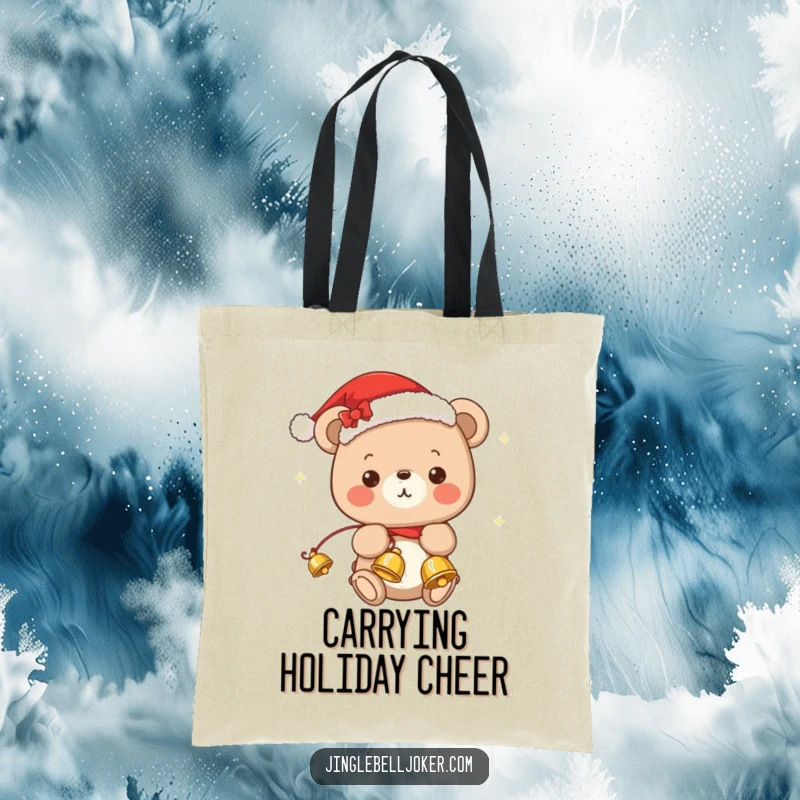Funny tote bag with a cute kawaii bear sporting a Santa hat, enthusiastically juggling jingle bells for Christmas.