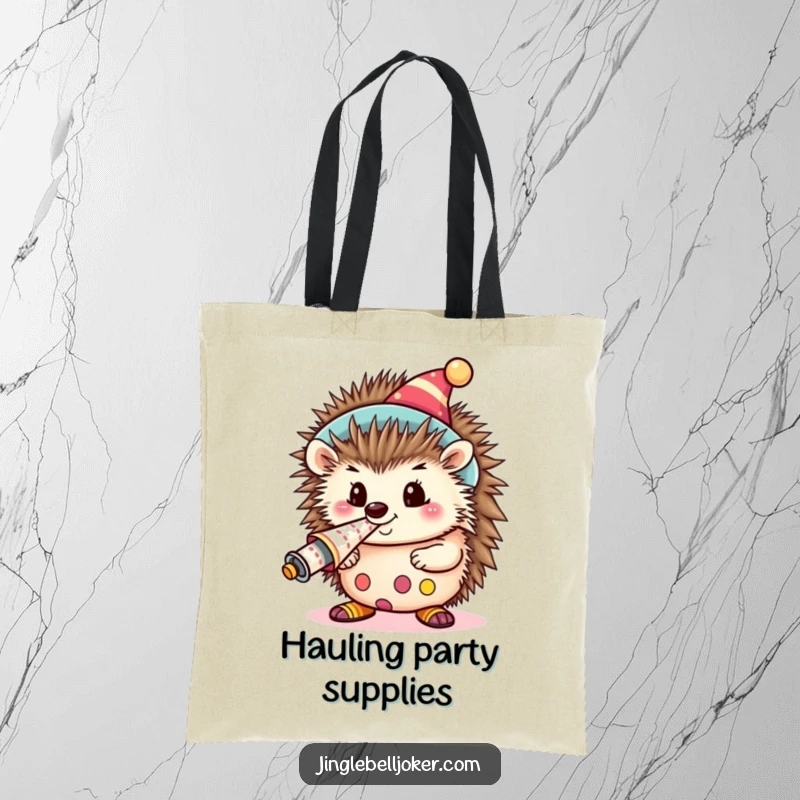 Funny Kawaii Clown Hedgehog Tote Bag: A cute hedgehog as a clown, blowing a loud party horn, ideal for shopping.