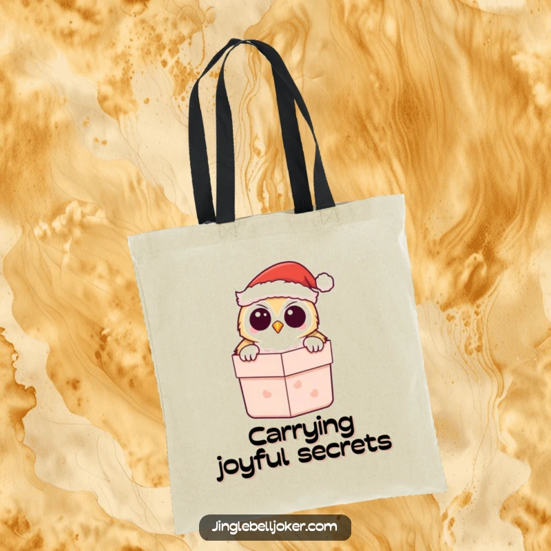 Funny Kawaii Owl Santa Tote Bag, featuring a cute owl peeking from a gift box, great for holiday shopping.