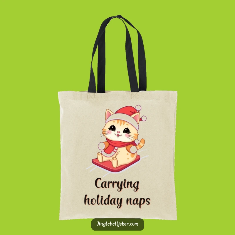 Funny Kawaii Santa Cat Tote Bag: Cute Feline Sliding Down Snowy Hill, Handy Funny Gift