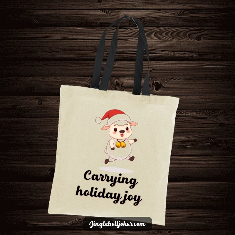 Funny Kawaii Santa Sheep Tote Bag: A cute sheep in a Santa hat, happily skipping with jingle bells, ideal for shopping.