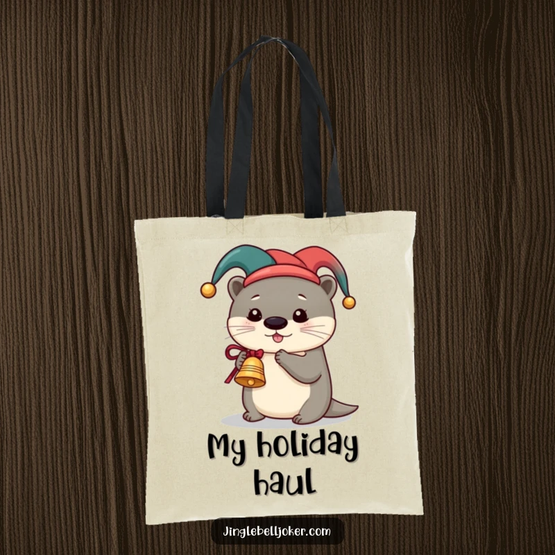 Funny Otter Jester Tote Bag, featuring a cute otter in a jester hat ringing a miniature sleigh bell, for humorous festive errands.
