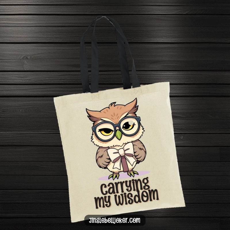 Funny Tote Bag: An owl with spectacles struggles comically to tie a present bow, a humorous accessory.