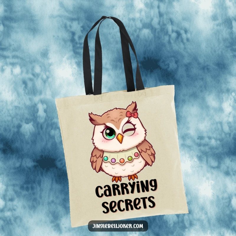 Funny tote bag showcasing an owl in a jester collar, comically trying to wink with holiday glitter, ideal for carrying festive cheer.