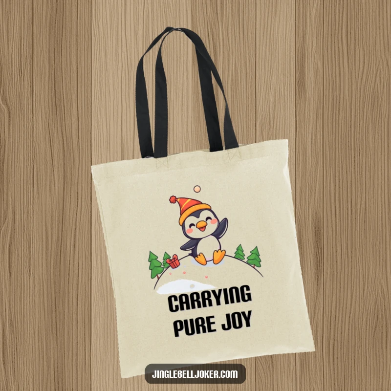 Funny tote bag featuring a gleeful penguin in a jester hat enjoying a slide down a festive hill, ready for errands.