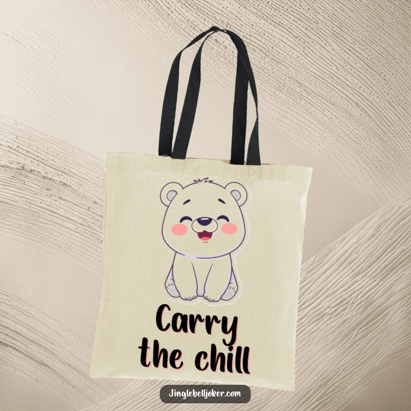 Funny tote bag illustrating a cheerful polar bear with rosy cheeks making a funny face, perfect for carrying essentials with a dose of humor.