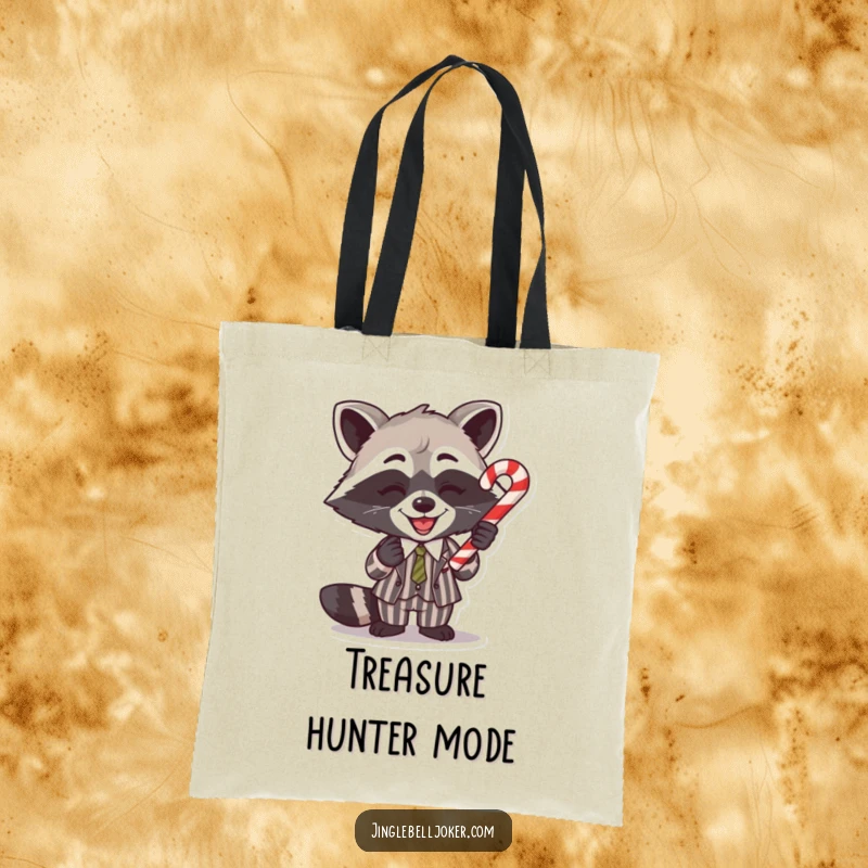 Funny Tote Bag: A gleeful raccoon in a striped suit balances a candy cane, a festive and charming accessory.