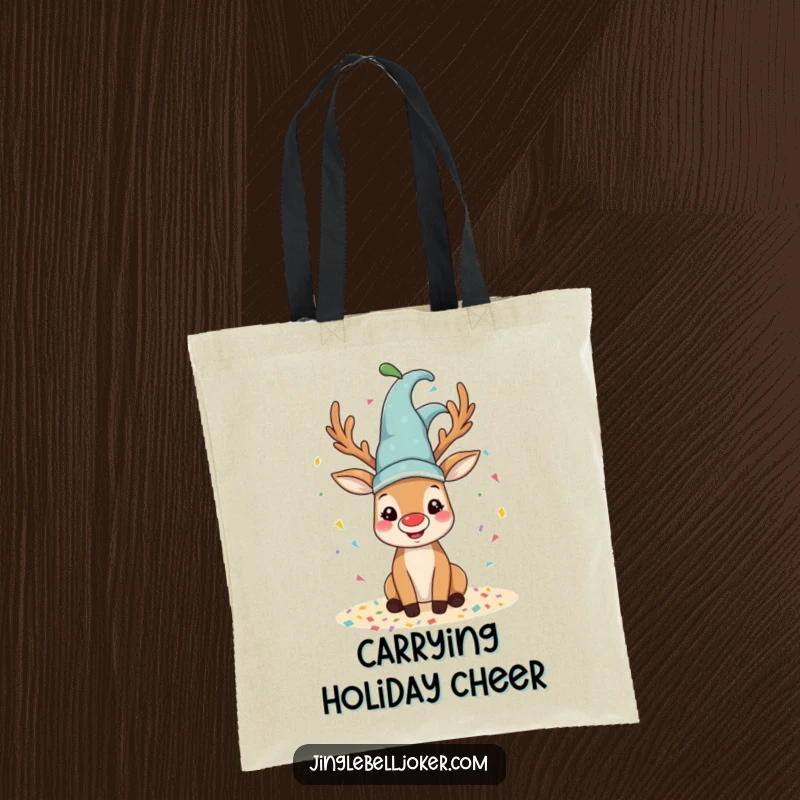 Funny reindeer tote bag with a happy reindeer wearing a jester hat, spilling colorful confetti.