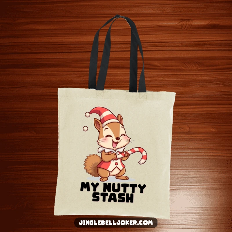 Funny tote bag illustration of a giggling squirrel in a jester suit balancing a candy cane, a sweet holiday accessory.