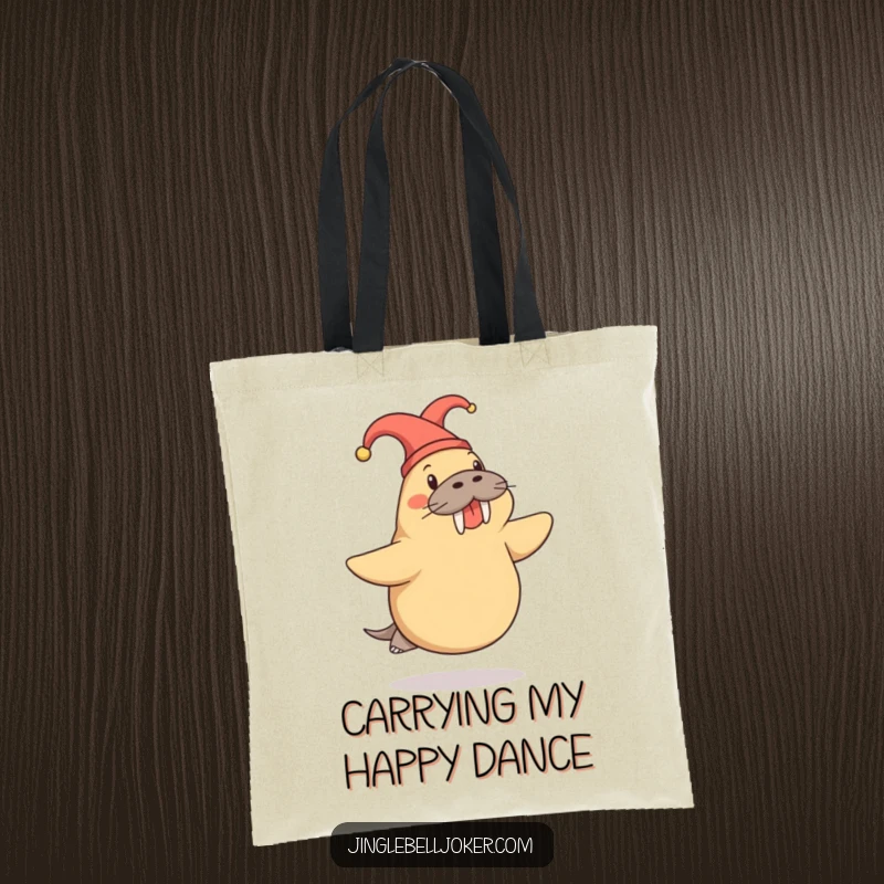 Funny Walrus Tote Bag: Cheerful walrus in a jester hat doing a playful skip, great for everyday use.