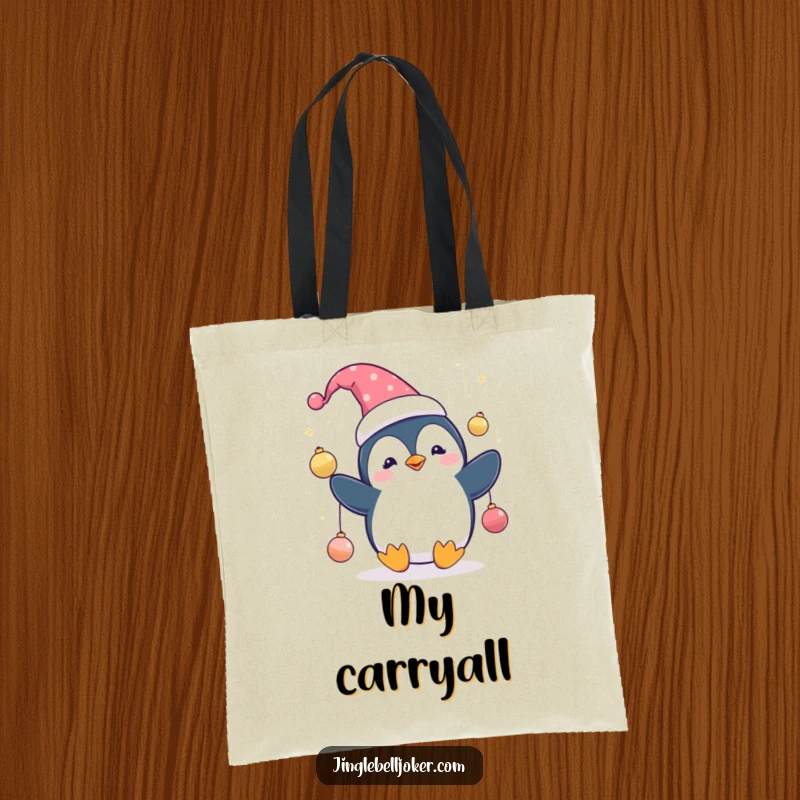 Funny Penguin Jester Tote Bag: Cute penguin character in a jester hat, juggling sparkling ornaments, festive and practical.