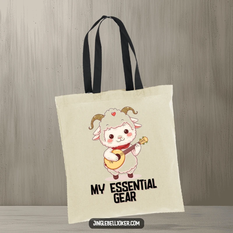 Funny Sheep Jester Tote Bag: Fluffy sheep character with a jester collar, playing a tiny festive lute, musical accessory.