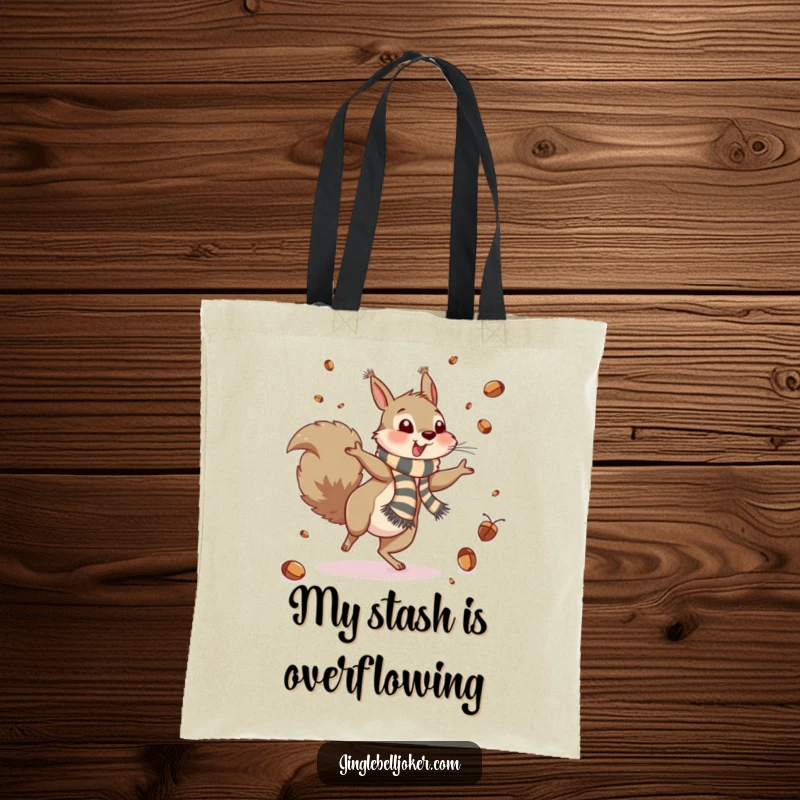 Funny Tote Bag: A squirrel cartwheels, scattering acorns like confetti, a humorous and practical accessory.