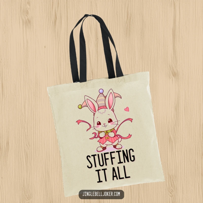 Funny Jester Bunny Tote Bag: A bunny in jester outfit twists a ribbon, perfect for whimsical errands.